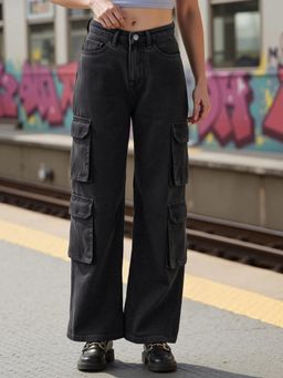 Bewakoof - Womens Dark Grey Wide Leg Cargo Jeans