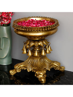 eCraftIndia - Handcrafted Ethnic Carved Brass Decorative Urli With Bells And Stand