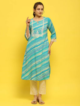 Shree - Liva Rayon Blue Printed Embroidered Kurta