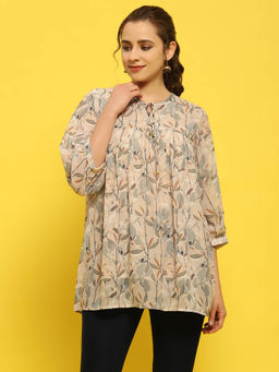 Shree - Georgette Beige Tropical Floral Print Tunic
