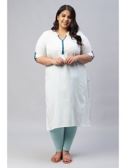 Aurelia - White Stripes Plus Size Kurta in Chevron Yoke