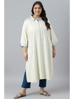 Aurelia - Beige Shirt Collar Stripe Print Plus Size Kurta