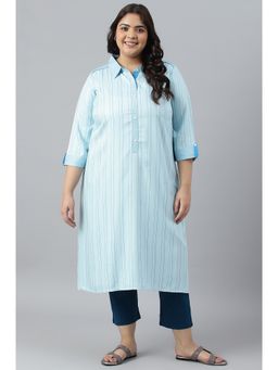 Aurelia - Blue Shirt Collar Stripe Print Plus Size Kurta