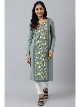 Aurelia - Green Placement Woven Ethnic Plus Size Winter Kurta