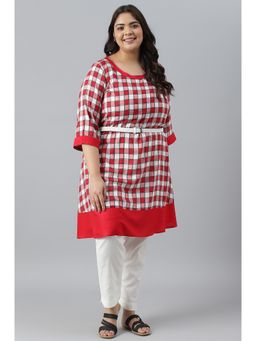 Aurelia - Red Checks Dobby Plus Size Kurta with Belt (Set of 2)
