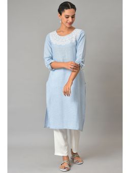 Aurelia - Blue Cotton Round Neck Embroidered Plus Size Kurta