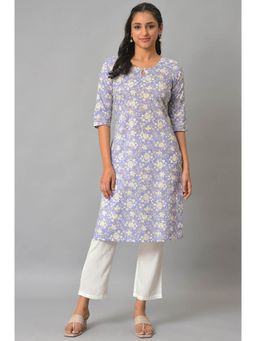 Aurelia - Blue Floral Printed Plus Size Cotton Kurta