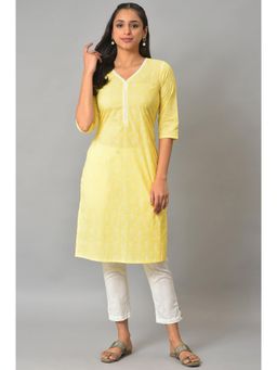 Aurelia - Yellow Printed V Neck Plus Size Kurta