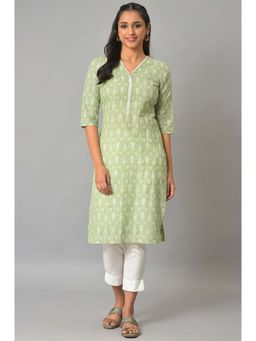 Aurelia - Green Printed V Neck Plus Size Kurta
