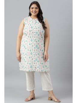 Aurelia - Plus Size Off White Floral Printed Kurta with Trouser (Set of 2)