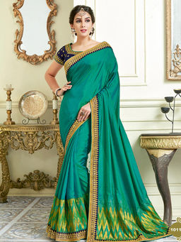Odette - Rama Green - Dual Tone Silk Designer Saree with Unstitched Blouse