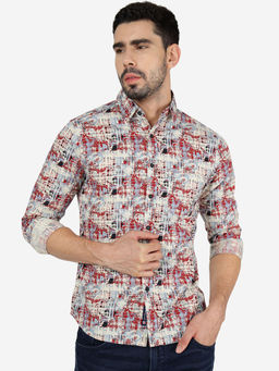 Greenfibre - Mens Printed Red Slim Fit Full Sleeve Casual Shirt