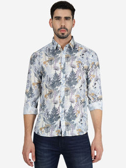 Greenfibre - Mens Printed Off White Slim Fit Full Sleeve Casual Shirt
