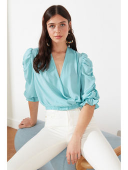 Trendyol - Mint Puff Sleeve Rauched L Wrap Top