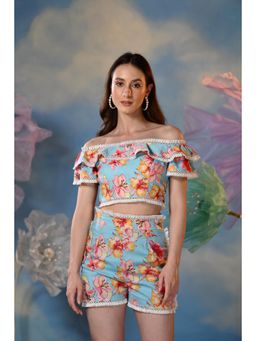 Ombrello - Blue Floral Shorts with Crop Top (Set of 2)
