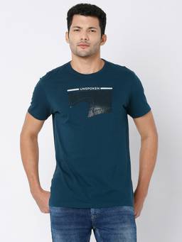 Spykar - Teal Blue Cotton Half Sleeve Printed Casual T-Shirt for Men