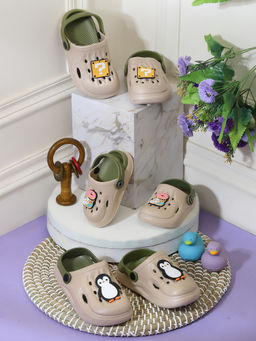 Truffle Collection - Beige Green Stylish Slip-On Clogs for Kids