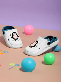 Truffle Collection - White Teal Stylish Slip-On Clogs for Kids