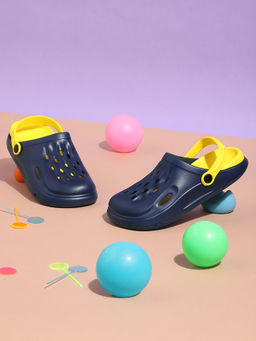 Truffle Collection - Navy Blue Yellow Stylish Slip-On Clogs for Kids
