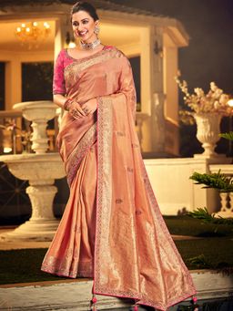Odette - Peach Colour Viscose Dola Silk Saree Pair with Raw Silk with Unstitched Blouse