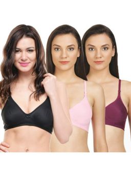 Bodycare - Seamless Cup Bra In Black-Pink-Wine Color - Pack Of 3