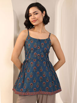 Libas - Blue Floral Ajrak Printed Anarkali Kurti