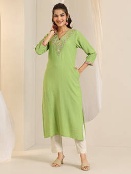 Libas - Green Yoke Design Straight Blended Kurta