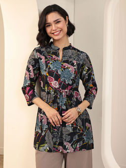 Libas - Black Floral Printed Panelled A-Line Kurti