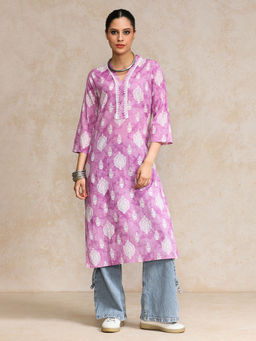 Varanga - Lavender Lace Detailed V Neck Kurta