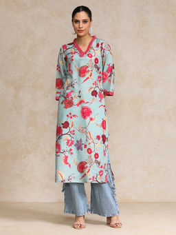 Varanga - Sea Green Floral Printed Straight Sequin Embroidered Kurta