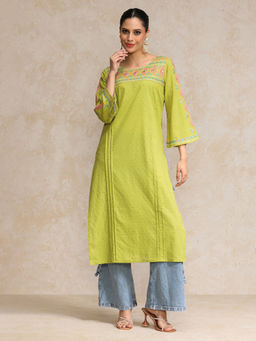 Varanga - Lime Green Contrast Thread and Mirror Embroidered Kurta