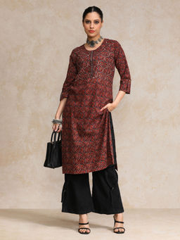 Varanga - Maroon Ethnic Jaipuri Printed Sequin Detailed Straight Kurta