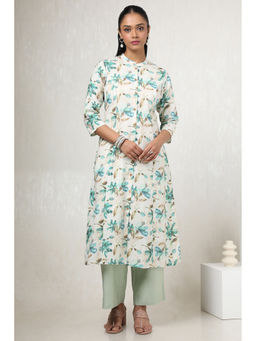 Soch - Women White Linen Floral Print Kurta