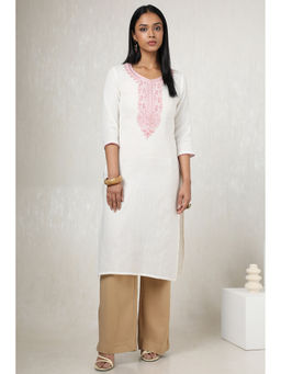Soch - Women Off White Cotton Embroidered Kurta