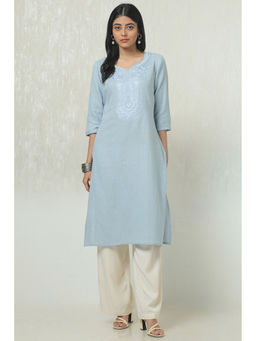 Soch - Women Powder Blue Cotton Embroidered Thread Work Kurta
