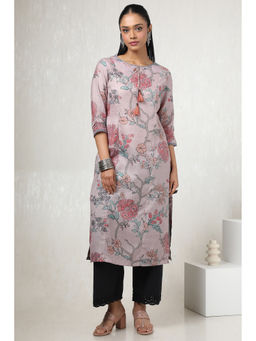 Soch - Women Earth Linen Floral Print Kurta with Tassels