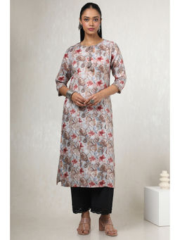 Soch - Women Powder Blue Linen Floral Print Kurta with Tassels