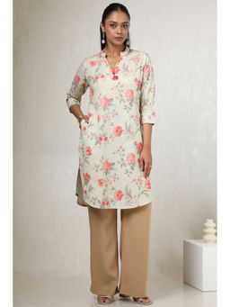 Soch - Women Off White Cotton Linen Floral Print Kurta