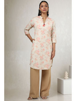 Soch - Women Off White Cotton Linen Floral Print Kurta