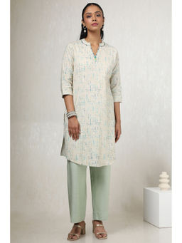 Soch - Women Off White Cotton Linen Abstract Print Kurta