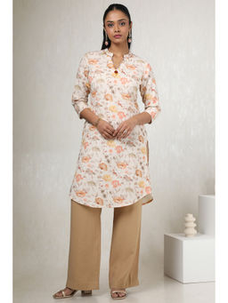 Soch - Women Off White Cotton Linen Floral Print Kurta