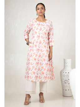 Soch - Women White Linen Floral Print with Beads and Stones Kurta