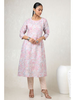 Soch - Women Grey Linen Floral Print with Beads and Stones Kurta