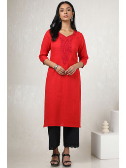 Soch - Women Red Cotton Embroidered with Thread Work Kurta