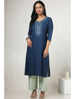 Soch - Women Blue Rayon Embroidered Kurta