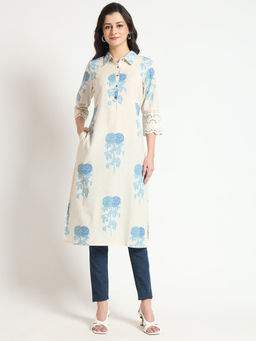 Divena - Cream & Blue Floral Print Cotton Fabric Kurta