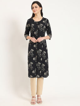 Divena - Black Floral Print Cotton Fabric A-Line Kurta