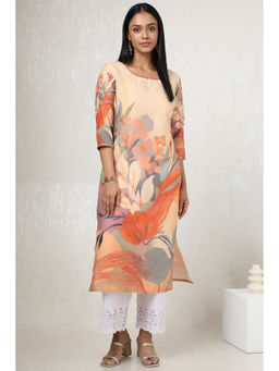 Soch - Women Cream Muslin Floral Print Round Neck Kurta