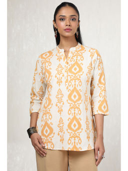 Soch - Women White and Orange Cotton Flex Ethnic Motifs Tunic