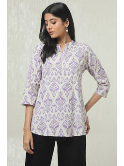 Soch - Women White and Purple Cotton Flex Paisley Print Tunic